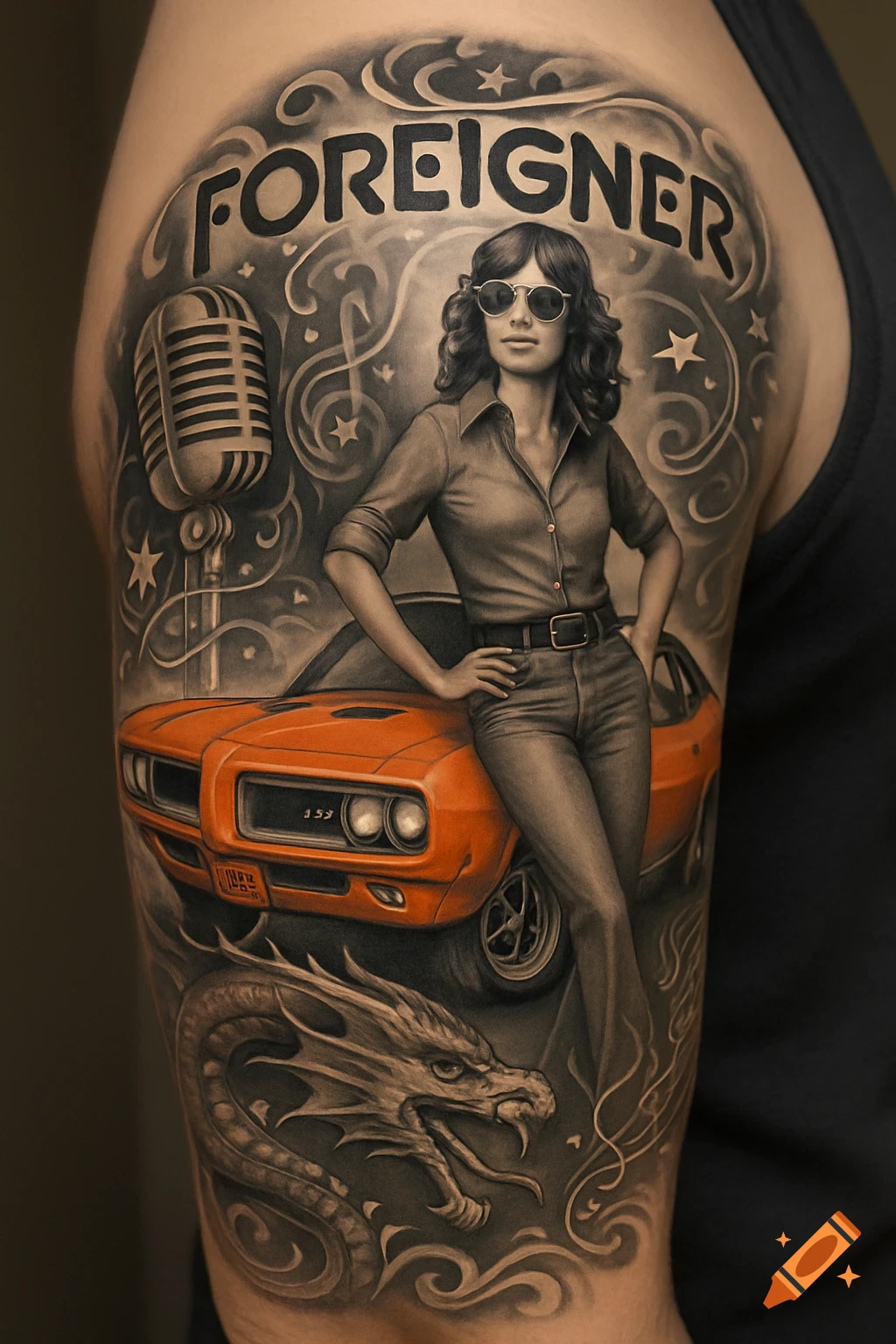Realistic tattoo on an arm featuring a 70s-style woman leaning on an orange Pontiac GTO, with a microphone, a dragon, and 'FOREIGNER' text.
