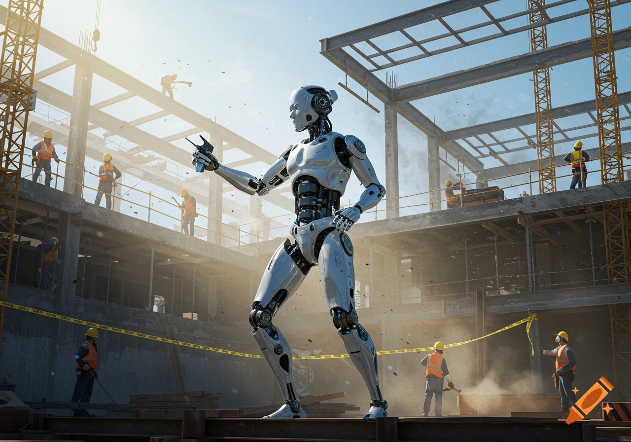 A large white robot stands on a busy construction site with workers in hard hats and safety vests.