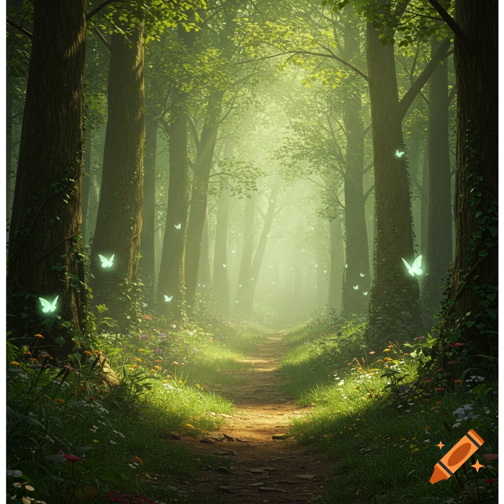 A mystical forest path illuminated by glowing light and surrounded by vibrant green trees and small flowers, with luminous butterflies floating.