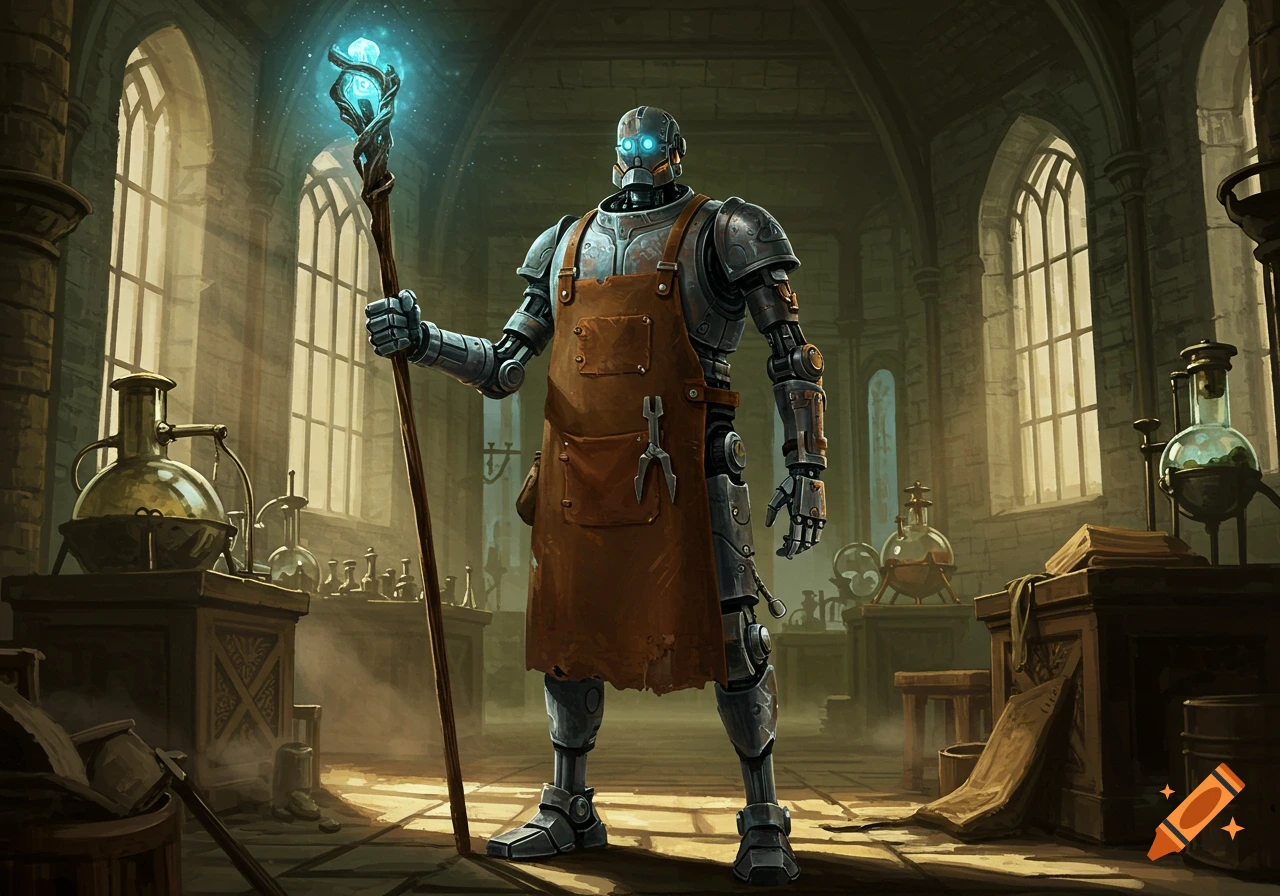 A robot wizard in a medieval-style laboratory, wearing a brown apron and holding a glowing magical staff.