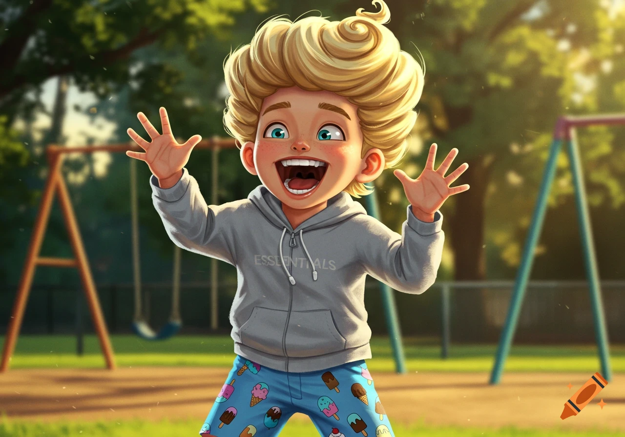 A joyful cartoon boy with blonde curly hair and wide smile, hands raised, wearing a grey hoodie and ice cream patterned pants at a sunny playground.