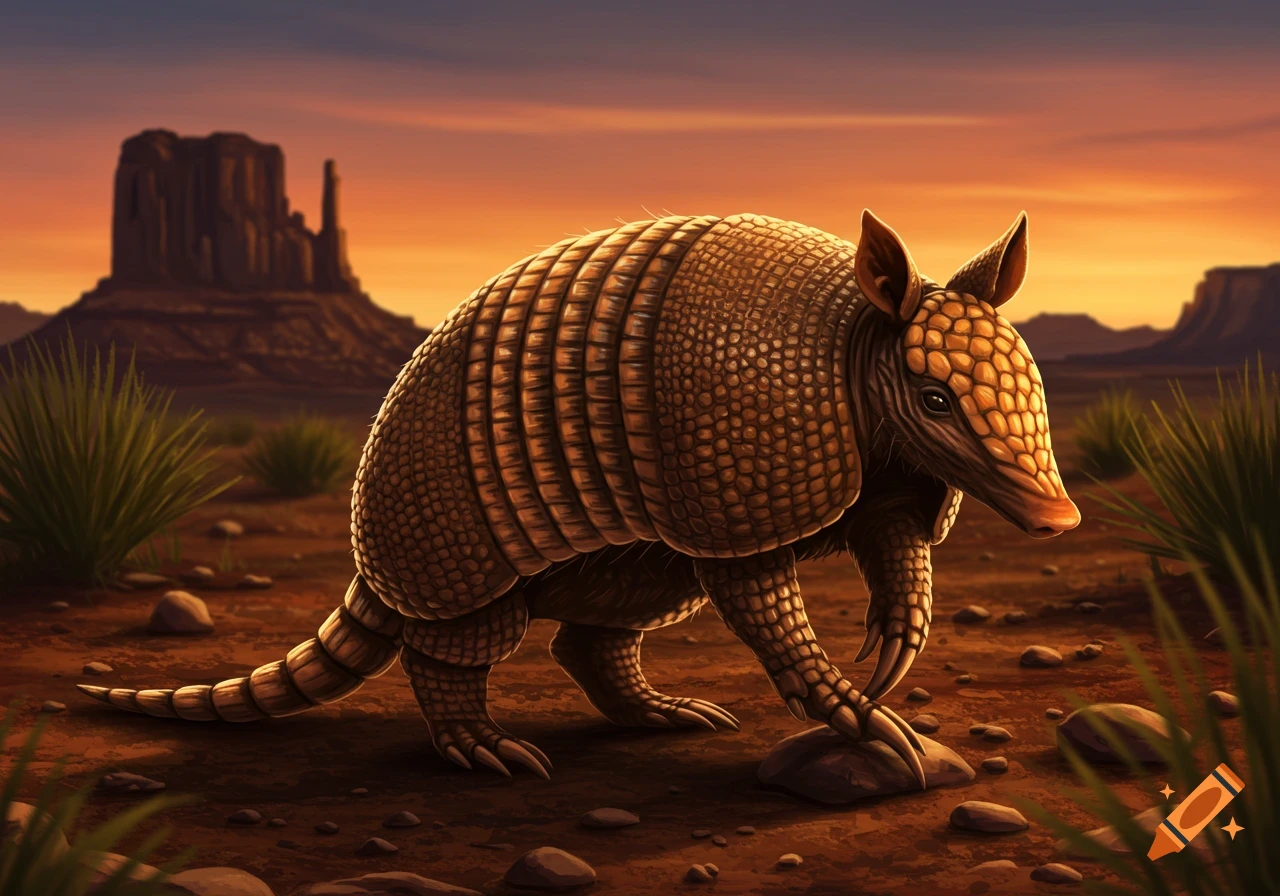 An armadillo with an orange-hued head walks on rocky desert terrain at sunset, with large mesas in the background.