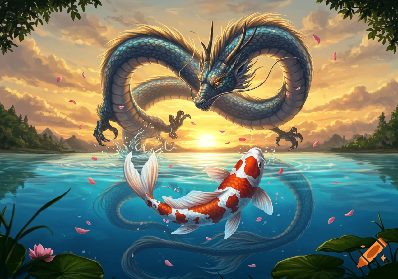 A stylized blue dragon hovers over a lake at sunset, a large red and white koi fish swims below, surrounded by pink petals and lily pads.