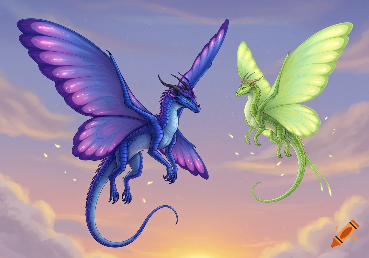 A blue dragon with purple butterfly wings and a green dragon with pale green butterfly wings fly in a pastel sky at sunset.