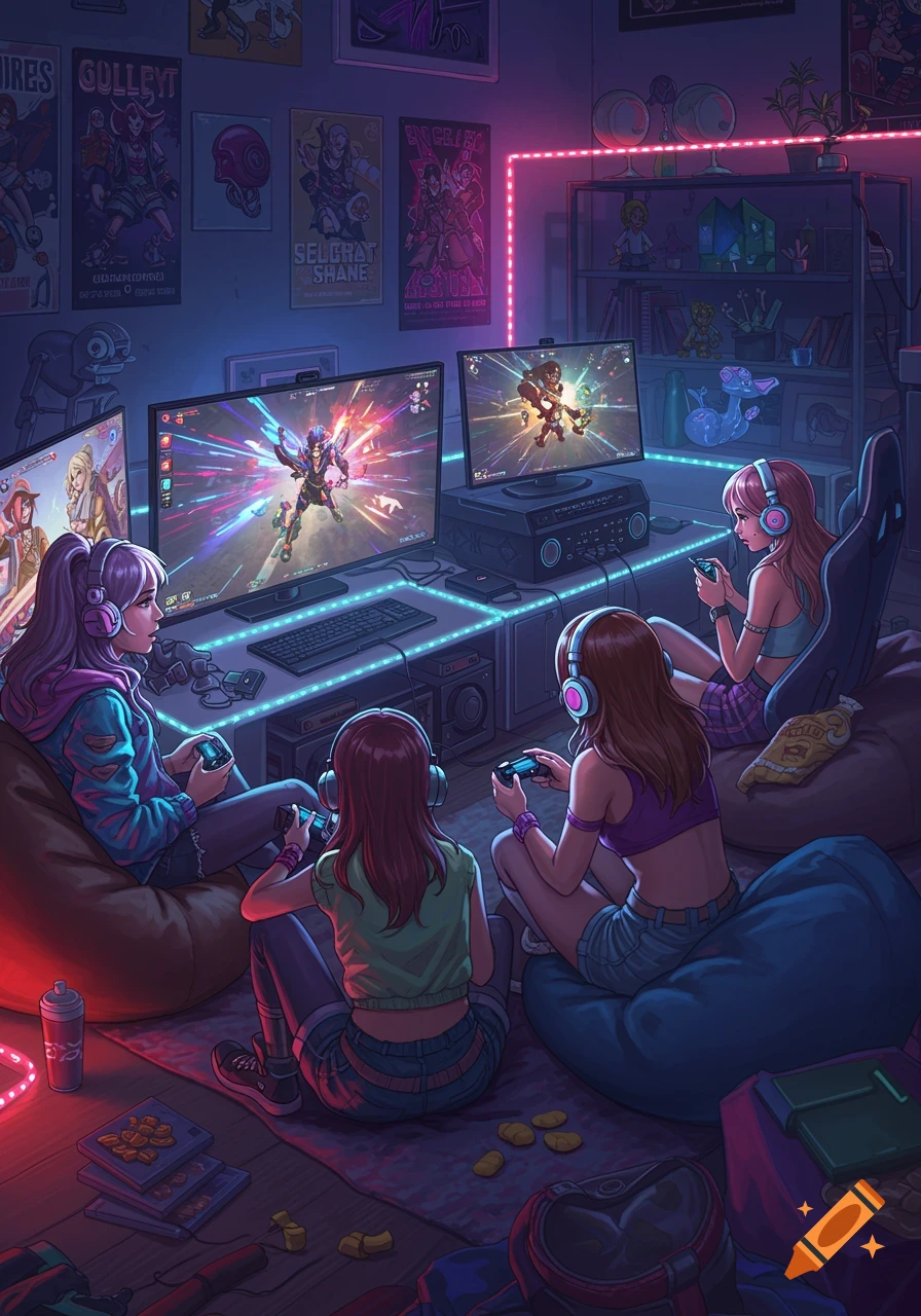 Four anime-style girls with headphones play video games in a neon-lit room with posters.