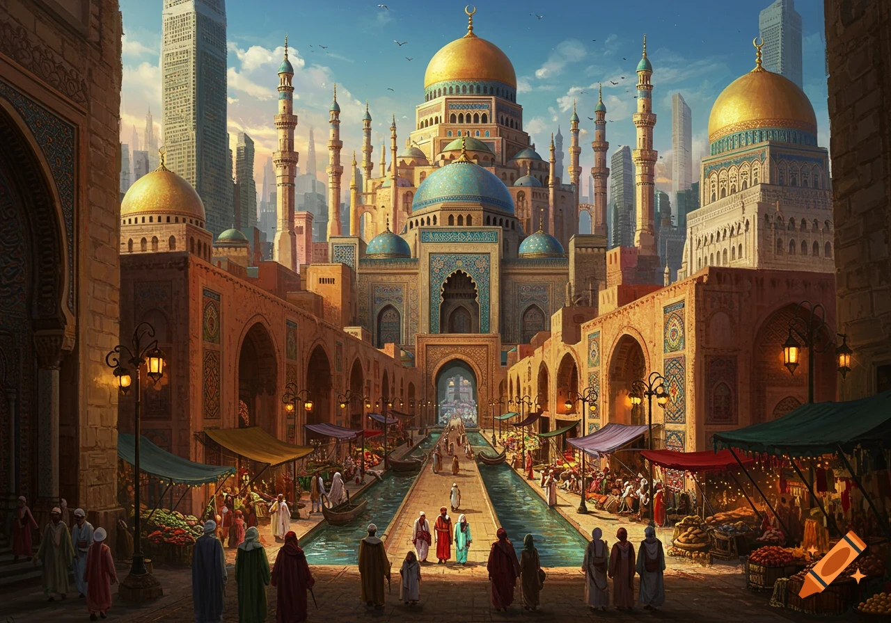 A vibrant marketplace with intricate Islamic architecture, minarets, and golden domes, set against a backdrop of modern skyscrapers, bustling with people.