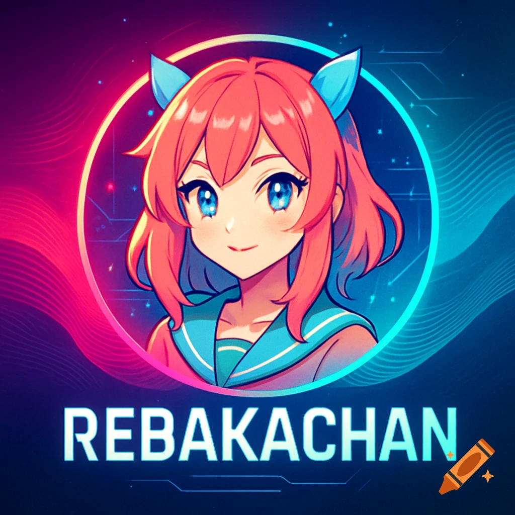 Anime style logo featuring a girl with pink hair and blue ears in a glowing circle, above the text 'REBAKACHAN' on a gradient background.