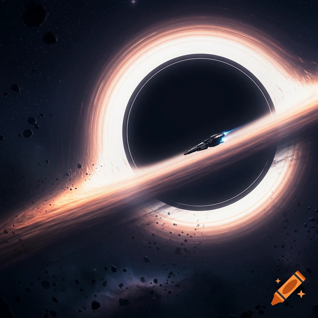 A spaceship approaches a large, bright orange and white accretion disk around a black hole in deep space, surrounded by asteroids and stars.