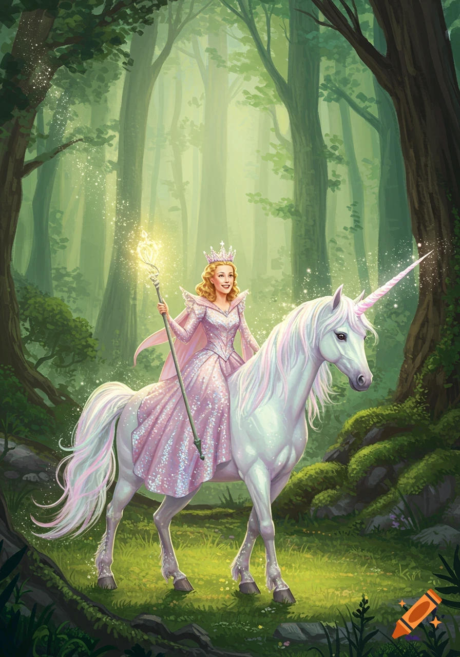 A princess with a golden staff, wearing a sparkling pink gown and crown, rides a white unicorn through a sunlit forest.