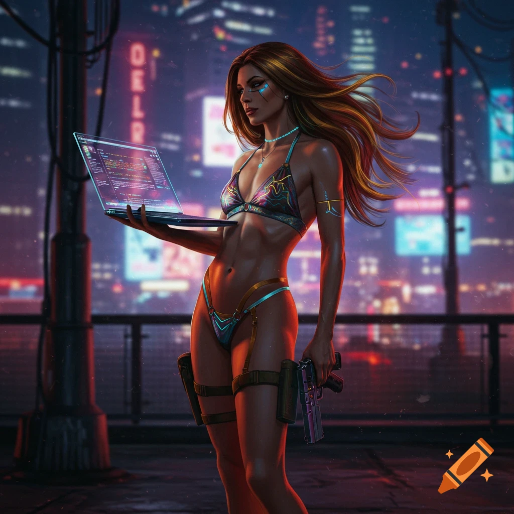 A confident cyberpunk woman with long flowing hair, wearing a skimpy outfit, coding on a laptop in a neon-lit futuristic city at night.