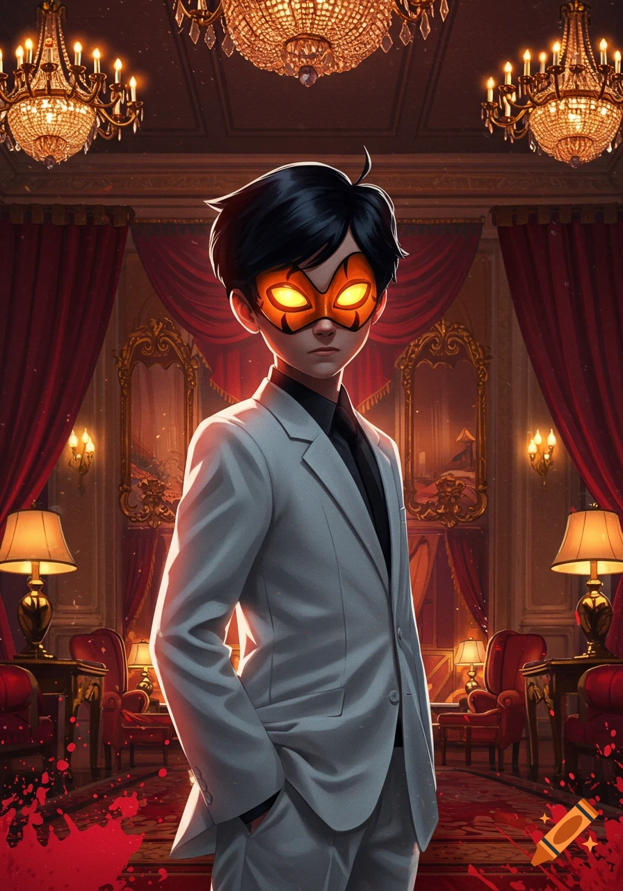 A stylized anime boy in a white suit and an orange glowing mask stands in a grand, blood-splattered red room with chandeliers.