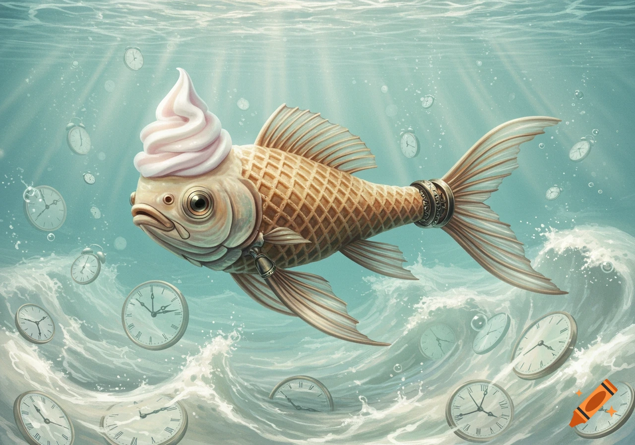 A whimsical fish with an ice cream swirl on its head, a waffle-textured body, and a chair-leg tail swims underwater among floating alarm clocks and ocean waves. Dreamlike illustration.