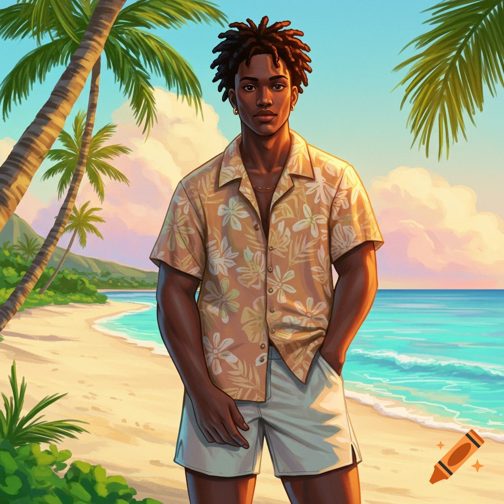 A young man with dreadlocks in a floral Hawaiian shirt and white shorts stands on a sunny tropical beach with palm trees and turquoise water.