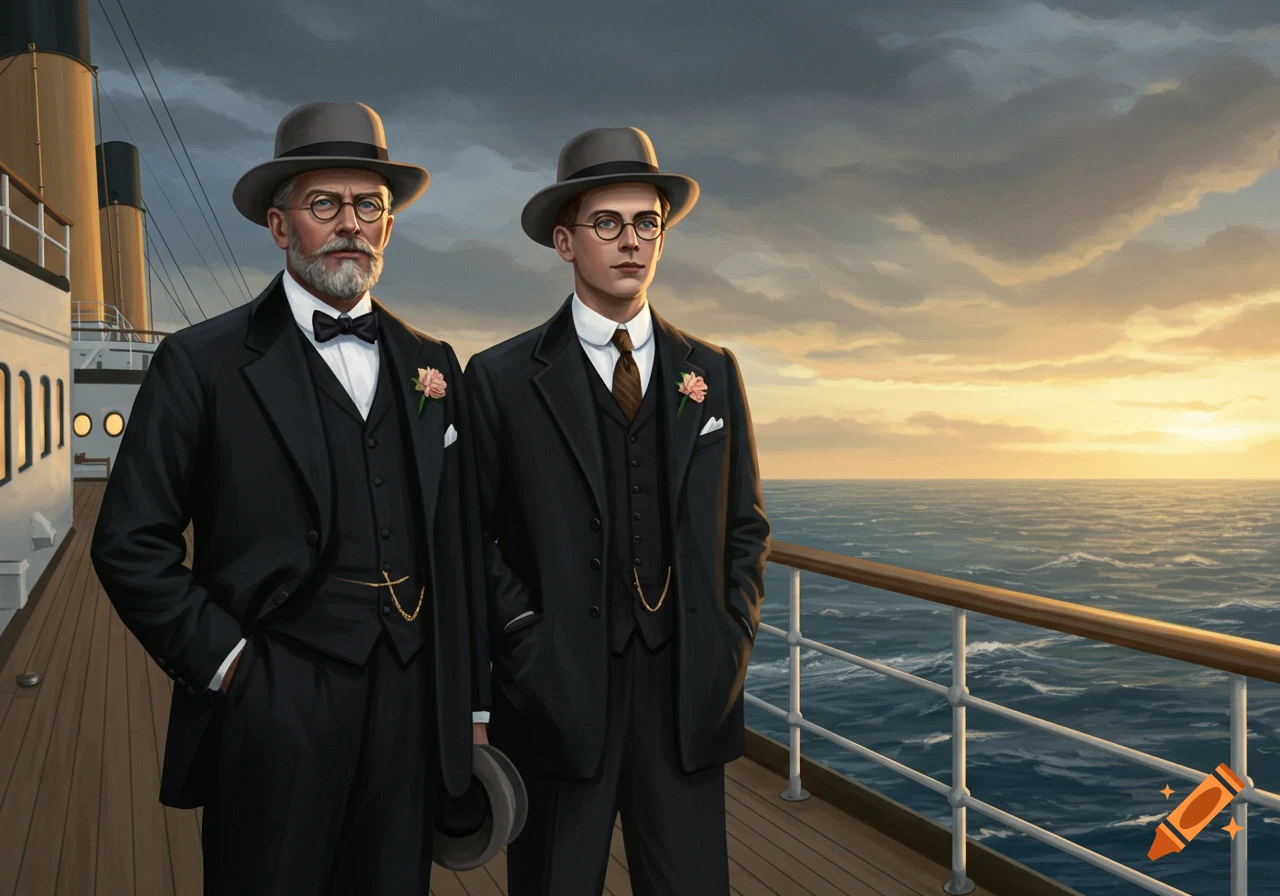 Two well-dressed Edwardian gentlemen stand on the deck of a ship at sunset, looking out at the ocean.