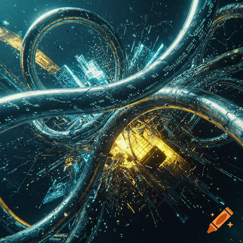 Abstract image of metallic tubes entangled with glowing blue and yellow digital fragments and scattered light particles on a dark background.