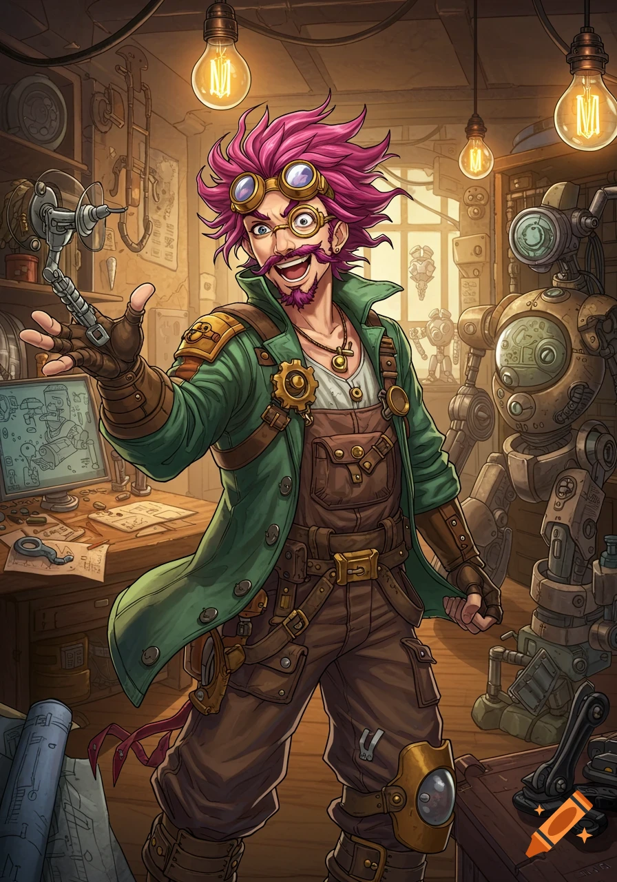 Anime-style illustration of a pink-haired steampunk inventor with goggles and overalls, standing happily in his cluttered workshop with robots and tools.