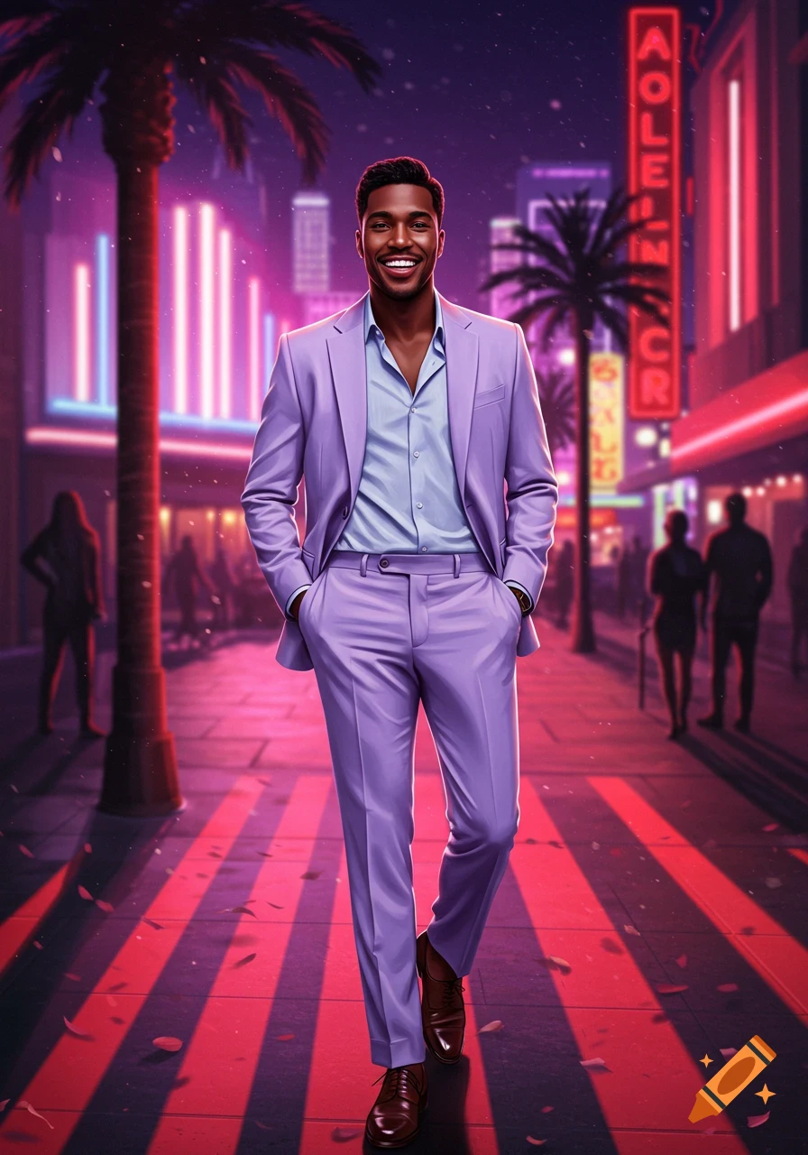 A man in a lavender suit walks down a vibrant, neon-lit city street at night, with palm trees and red light stripes on the pavement.