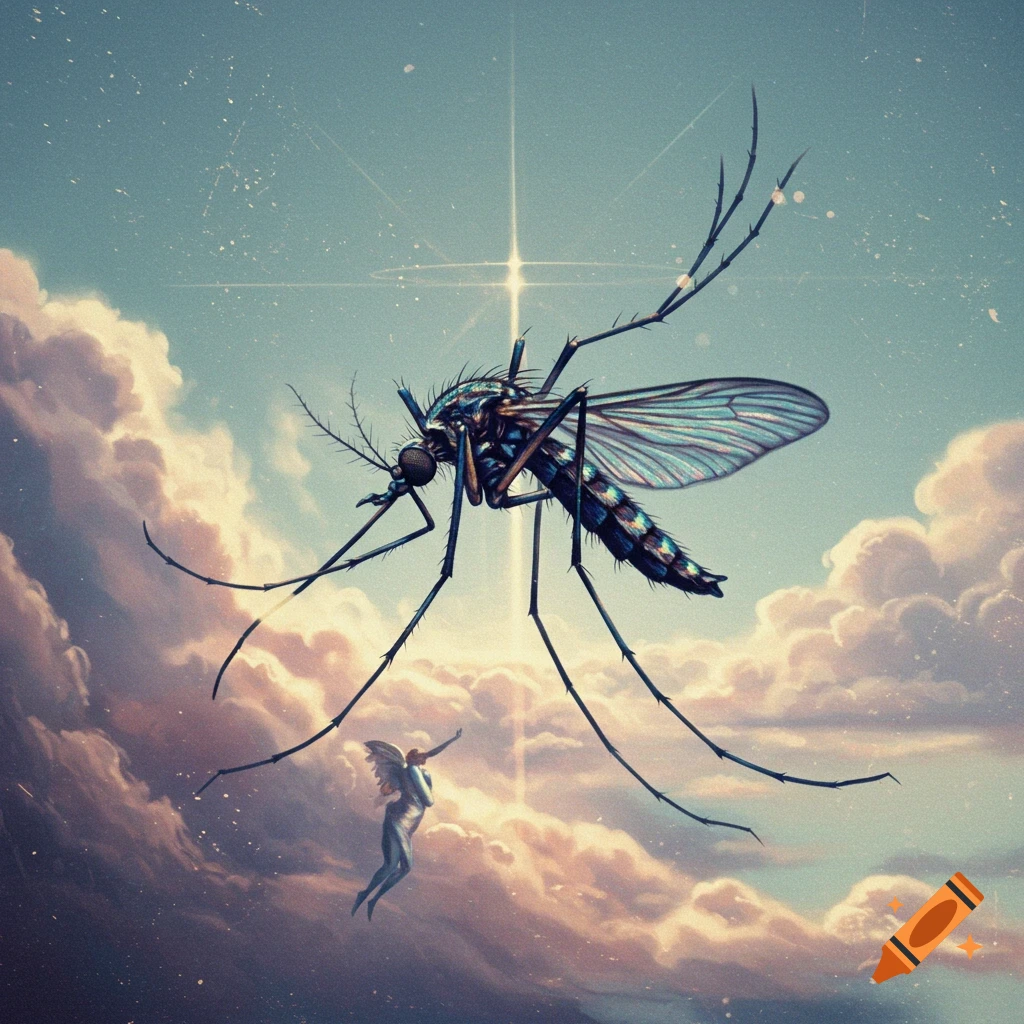 A gigantic mosquito hovers above a small angelic figure in a surreal, cloudy sky with a bright star.