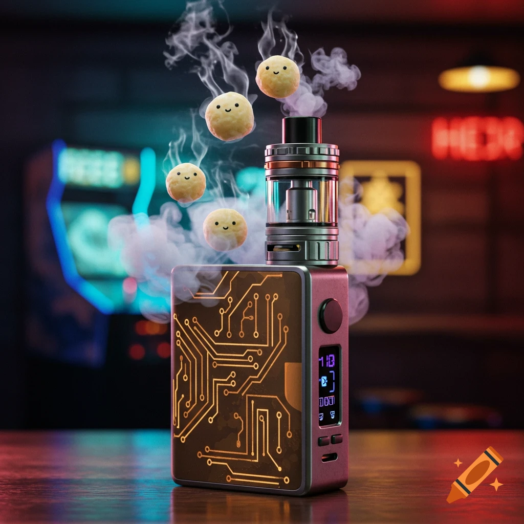 A photorealistic image of a futuristic vape device, designed to look like a circuit board, emitting vapor with floating smiling matzah balls, set against a blurred neon-lit background.
