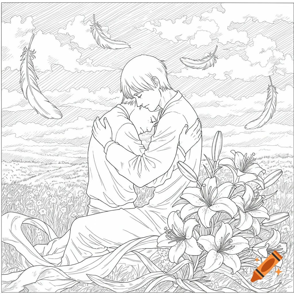 Black and white line art coloring page showing two figures embracing in a field with flowers and floating feathers.
