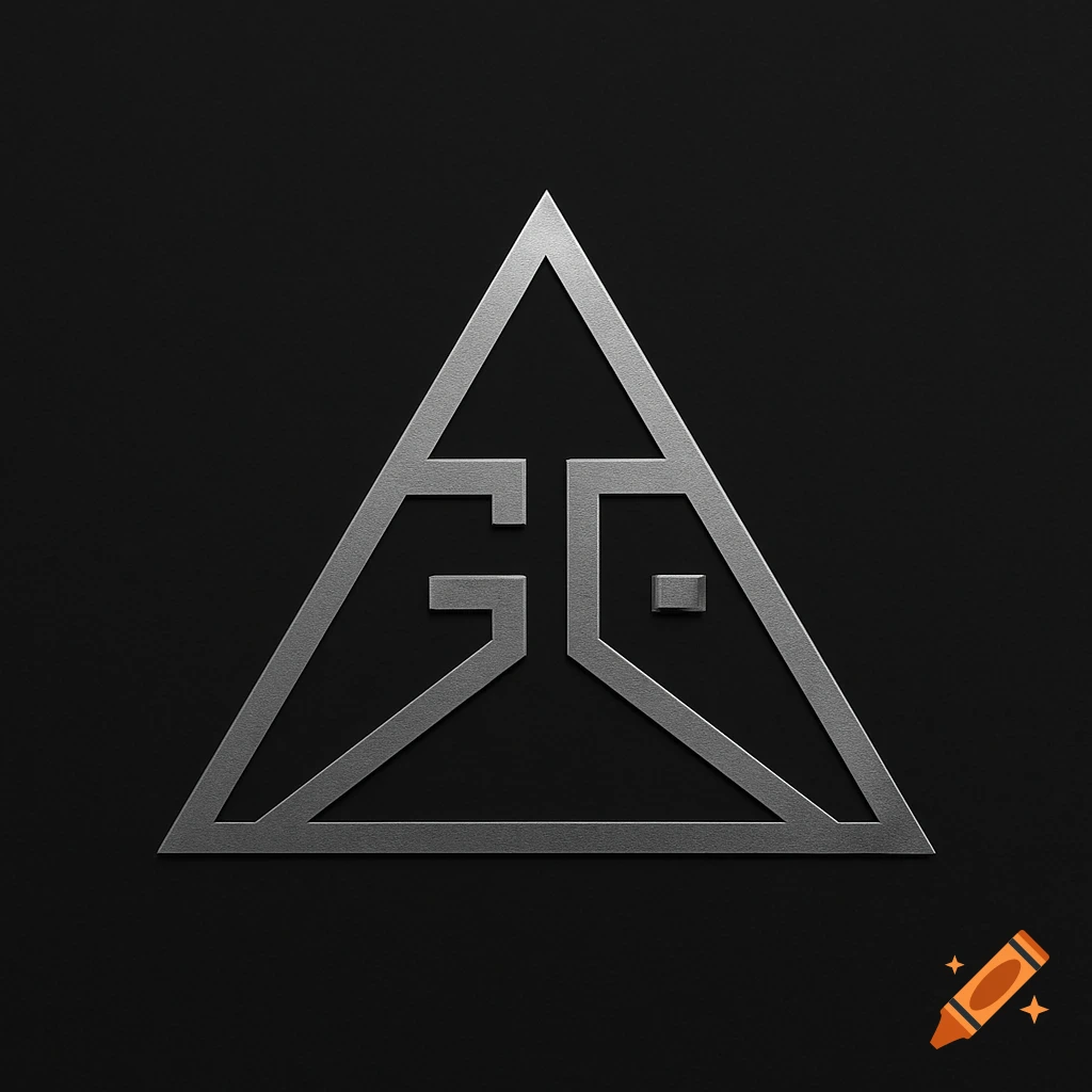 A metallic silver geometric logo in the shape of a triangle, with two stylized 'G' letters inside forming another triangle, on a dark background.