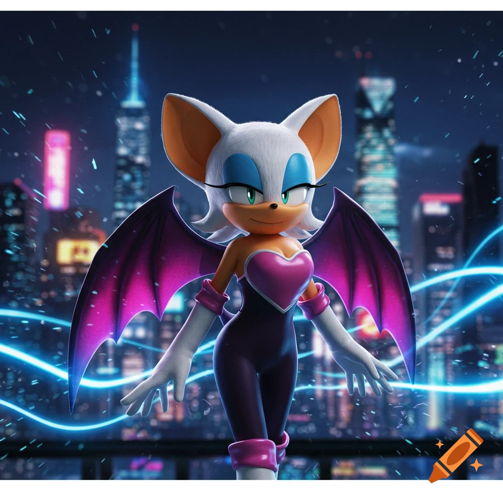 3D render of Rouge the Bat, a white bat character with large ears and purple wings, standing in front of a nighttime cityscape with neon lights.