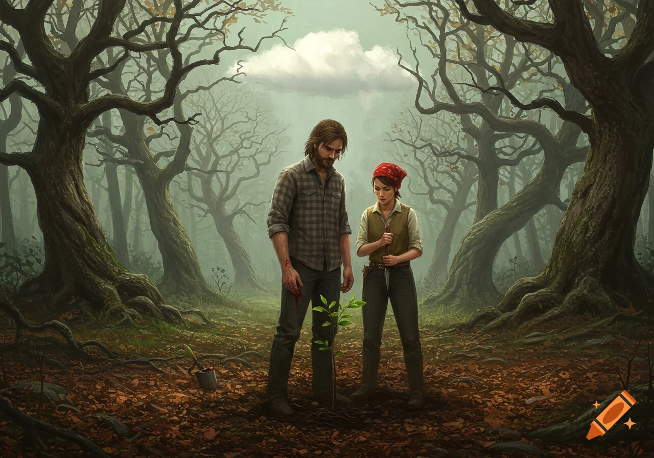 A man with a bleeding hand and a woman with a knife stand by a sapling in a misty, eerie forest clearing with twisted trees.