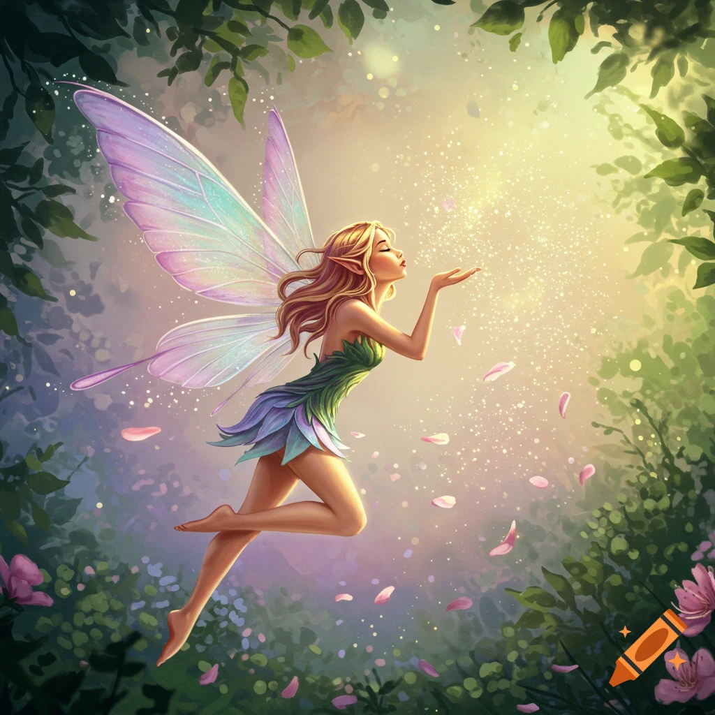 A magical fairy with iridescent wings floats in a sunlit forest, blowing sparkling dust and pink petals from her hands.