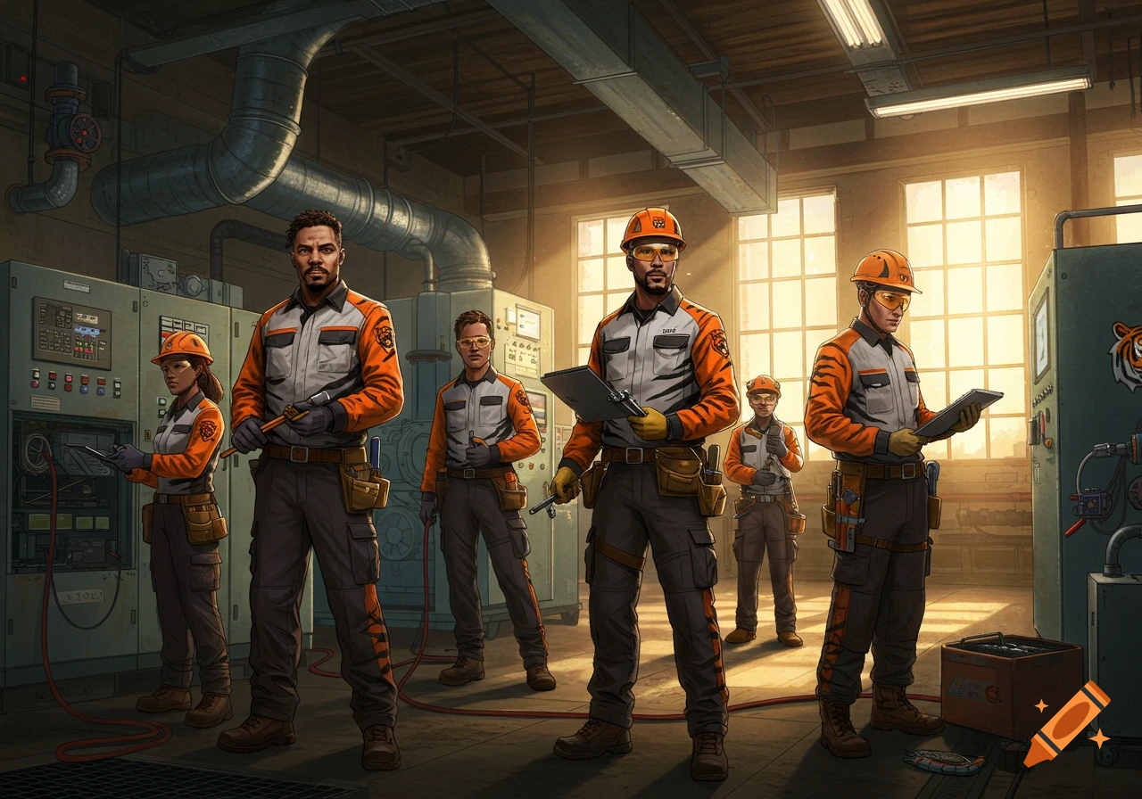A group of diverse workers in orange and grey uniforms with safety gear, including hard hats and safety glasses, stand in an industrial building with machinery and large windows.