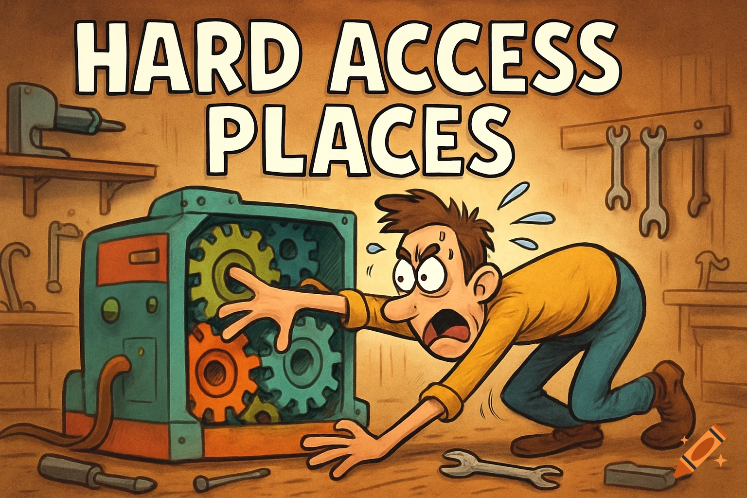 Cartoon man struggling to reach into a complex machine with gears in a workshop, titled 'Hard Access Places'.