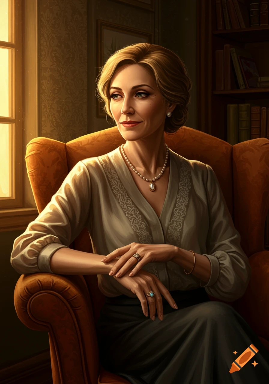 A stylish older woman with blonde hair and a pearl necklace sits in an armchair by a window, looking composed.