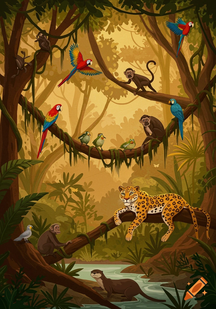 An animated jungle scene full of wildlife, including monkeys, colorful macaws, a leopard, and an otter in a stream.