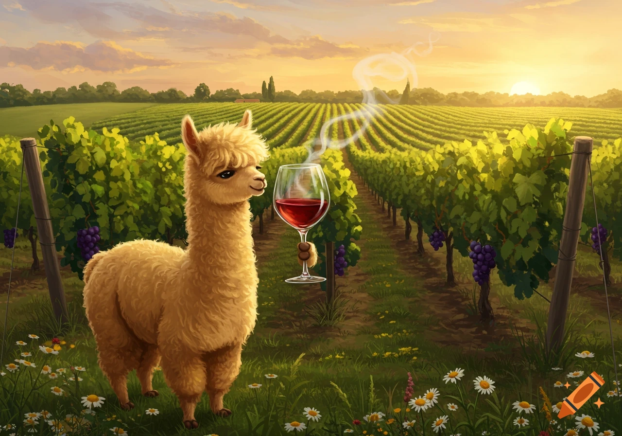 A whimsical alpaca holds a glass of red wine in a sunny vineyard with rows of grapevines and daisies.