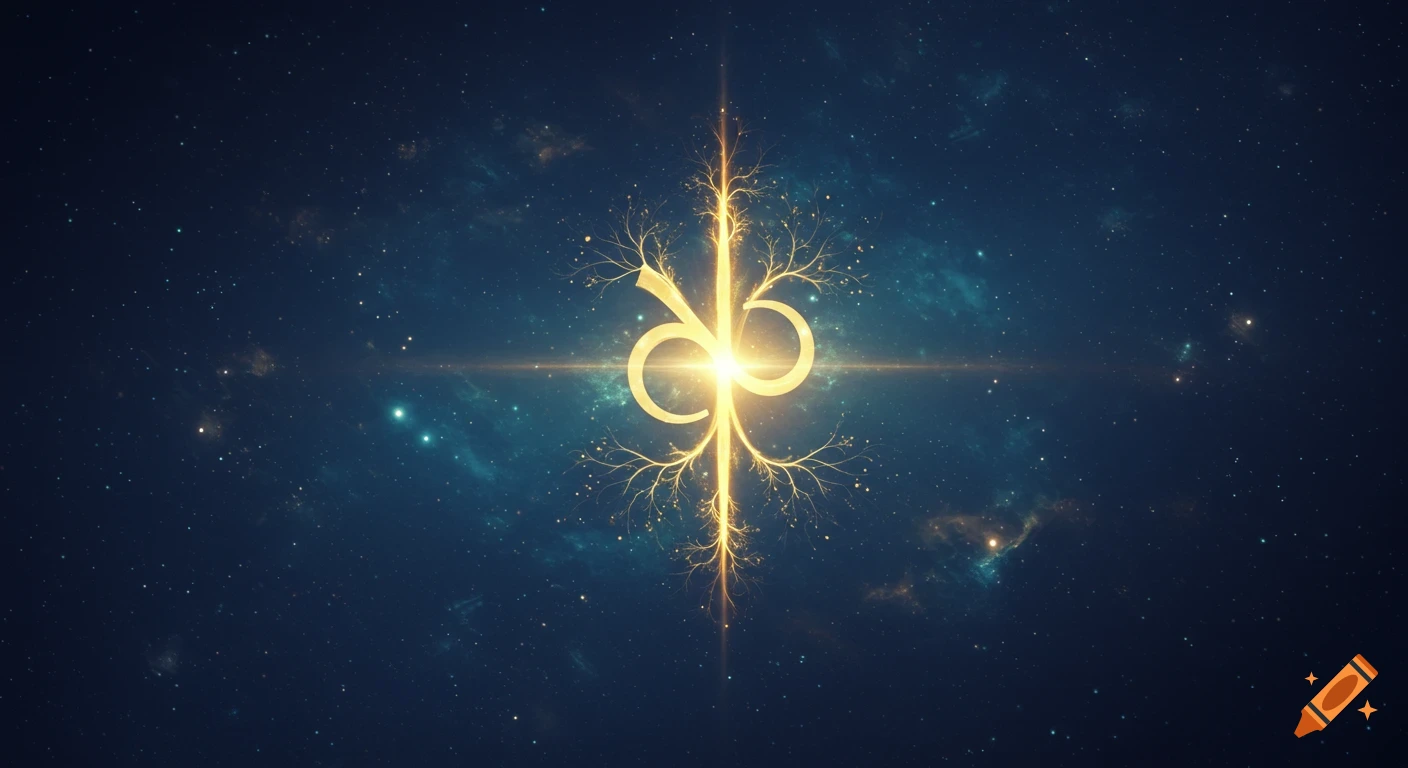 A glowing golden glyph with branching fractal roots and branches against a dark blue cosmic background with stars and nebulae.