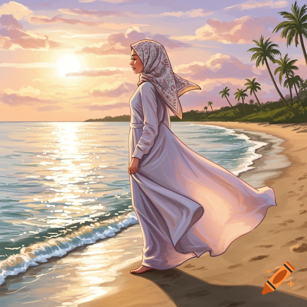 Woman in a long dress and hijab standing on a beach at sunset, looking out at the ocean. Illustrated style.