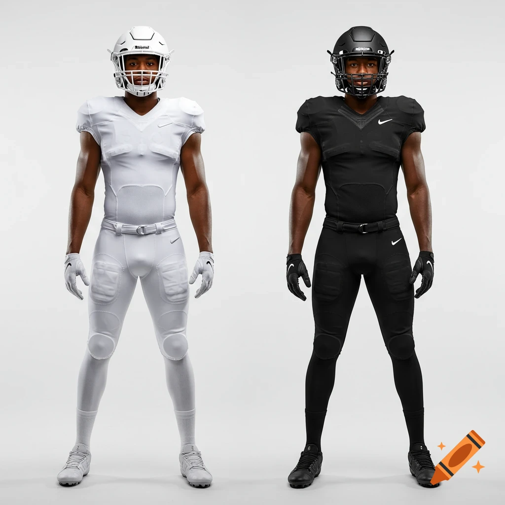 Two photorealistic American football players stand upright on a white background, one in all-white and one in all-black uniform.