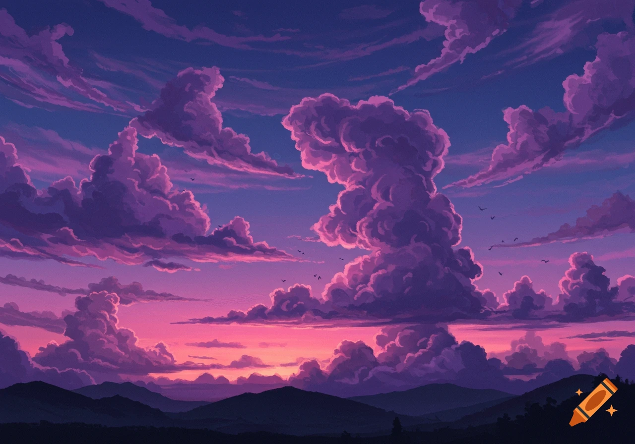 Vibrant purple and pink clouds fill the sky above dark mountain silhouettes at sunset.