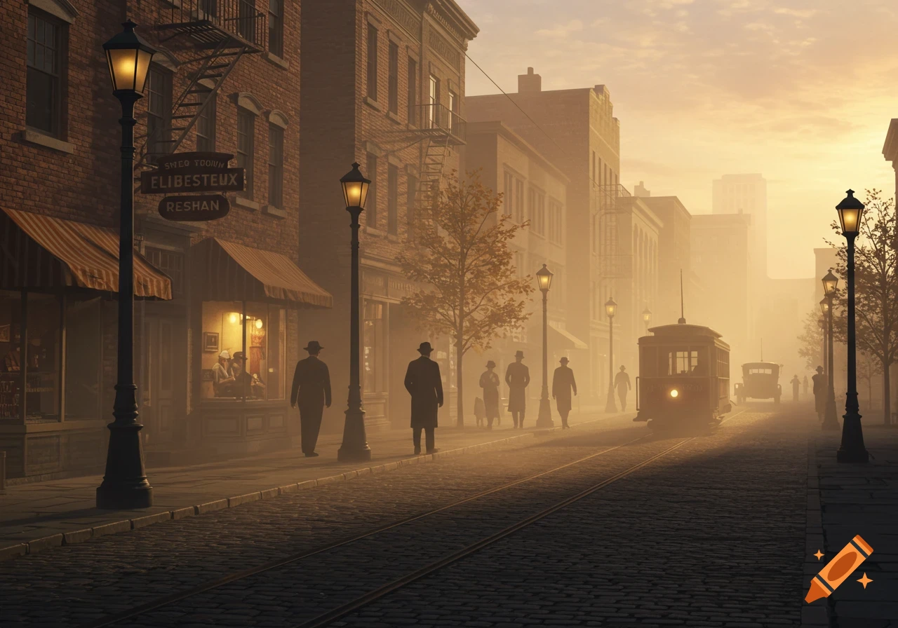 A foggy, golden-hour street scene in a 1940s downtown, with a trolley, pedestrians, and old buildings lining a cobblestone road.