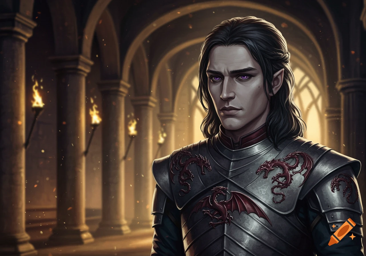 A dark-haired man with purple eyes wearing dragon-emblazoned armor stands in a torchlit hall, in a fantasy art style.