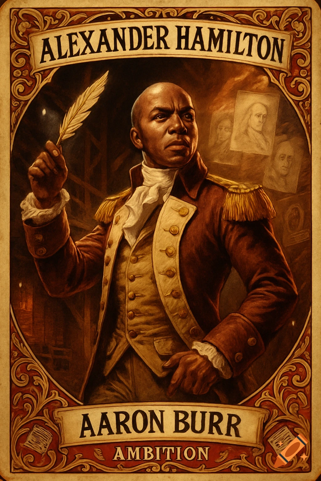 A vintage-style illustrated trading card featuring a man in 18th-century attire holding a quill. Text: ALEXANDER HAMILTON, AARON BURR, AMBITION.