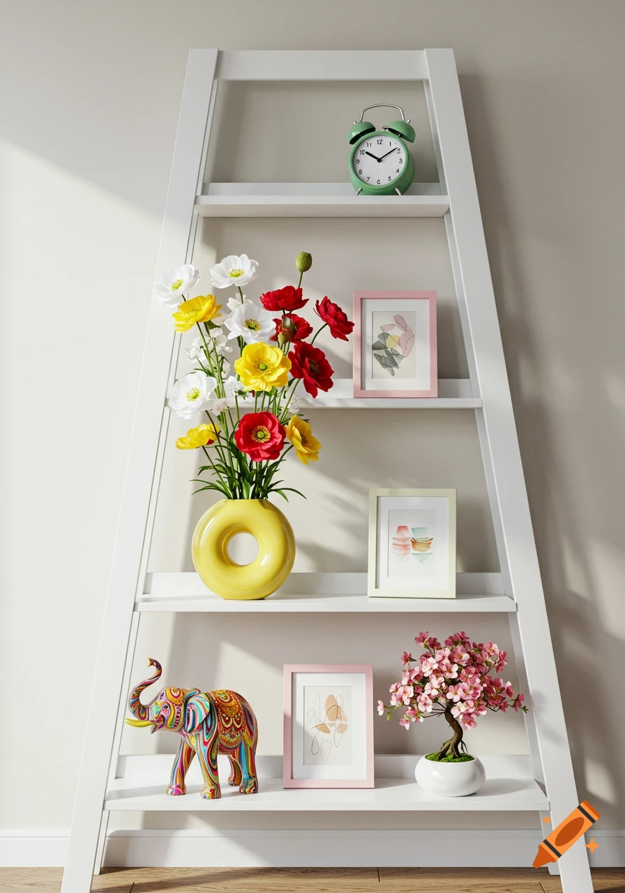 A white ladder shelf holds a yellow donut vase with colorful artificial flowers, a vibrant elephant statue, framed abstract art, a pink bonsai, and a green alarm clock.