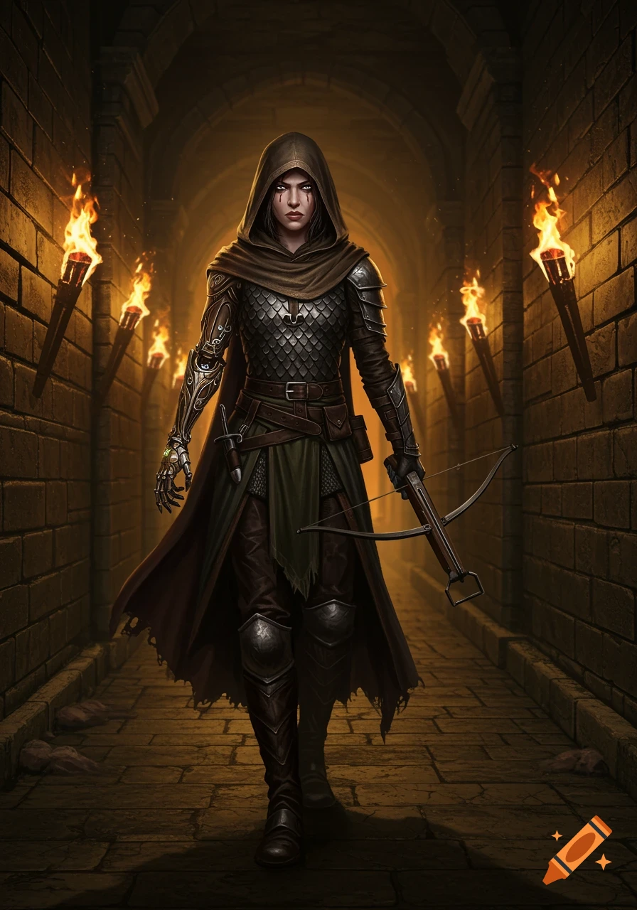 A hooded female artificer in dark scalemail armor and a metal prosthetic arm stands in a torchlit stone corridor, holding a crossbow.
