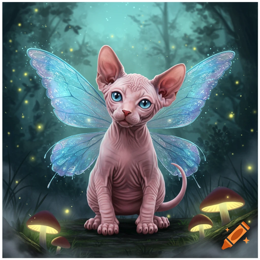 A pink Sphynx kitten with big blue eyes and glowing blue fairy wings sits on a log in a whimsical forest with glowing mushrooms, digital art.