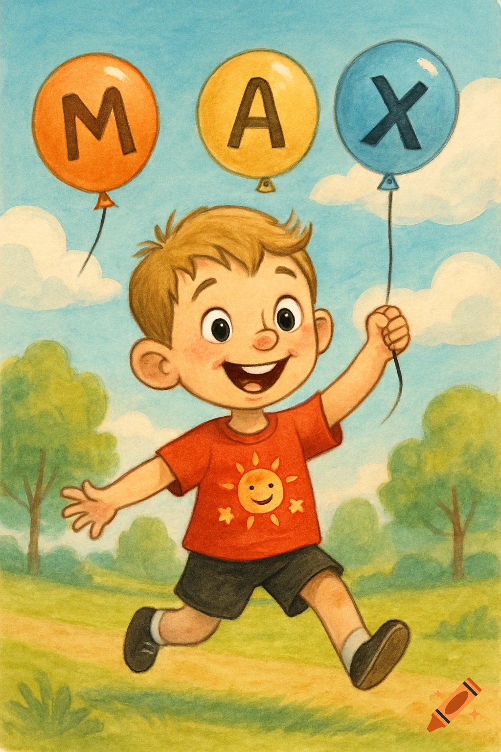 A happy cartoon boy with light hair runs in a green field under a blue sky, holding a blue balloon. Two other balloons, orange and yellow, float above, spelling "MAX". He wears a red shirt with a smiling sun and black shorts.