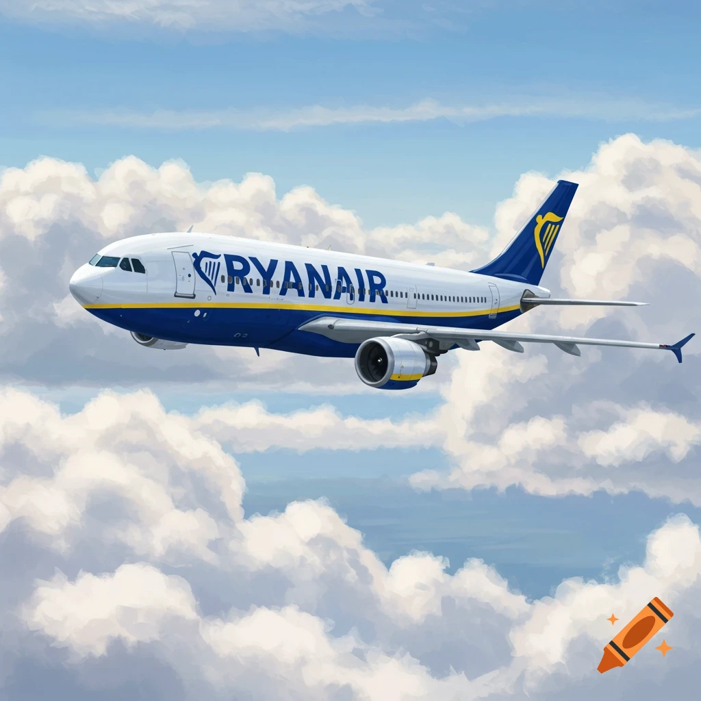 A Ryanair Airbus a300 airplane flies through white clouds in a blue sky, in an illustrated style.