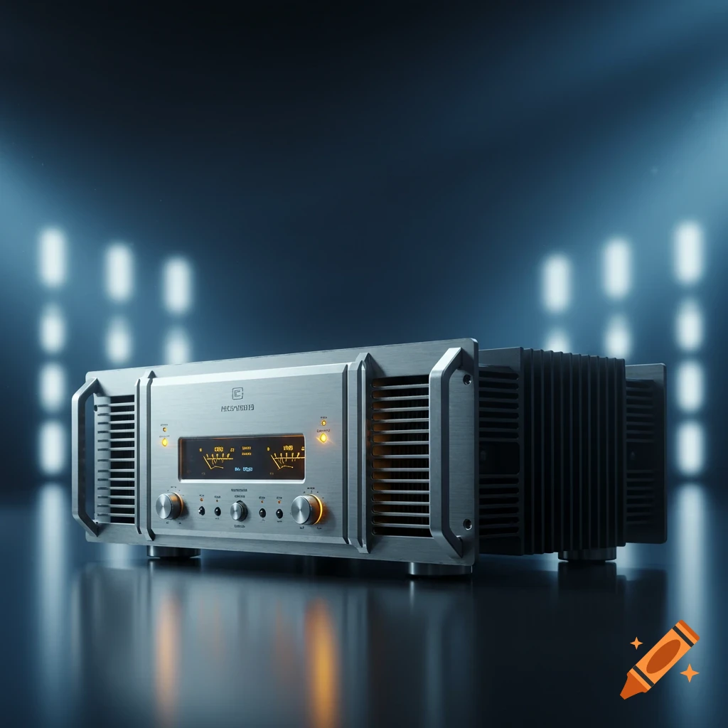 A sleek, silver audio amplifier with glowing orange displays and controls, set against a dark, reflective surface with a blurred background of vertical lights.