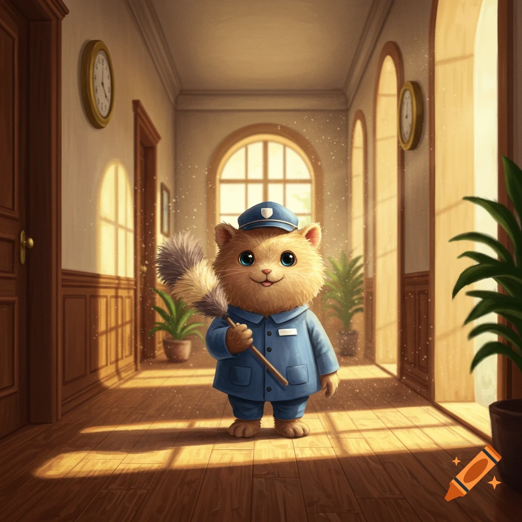 A cute furry cat in a blue cleaner uniform and cap holds a feather duster in a sunlit hallway.