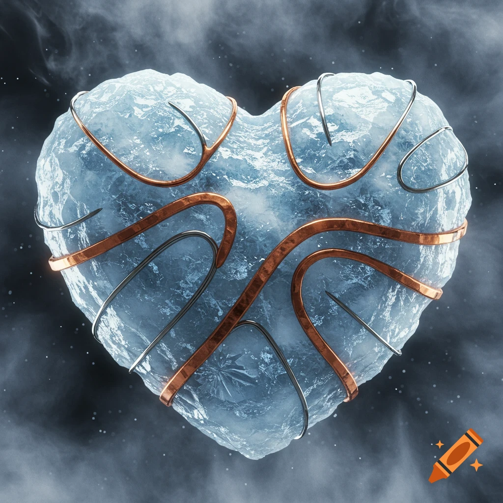 A stylized heart made of icy blue material wrapped with shiny copper and silver wires, against a dark, smoky background.