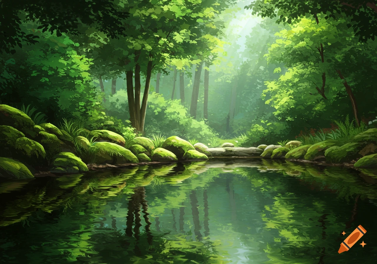 Lush green forest scene with a clear, reflective pond and moss-covered rocks, in an illustrative style.