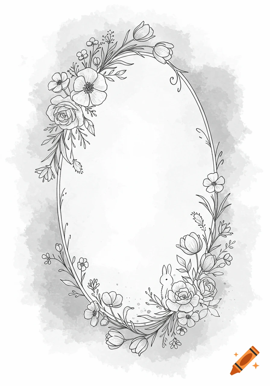 Black and white oval floral frame with a small bunny, set against a subtle watercolor background.